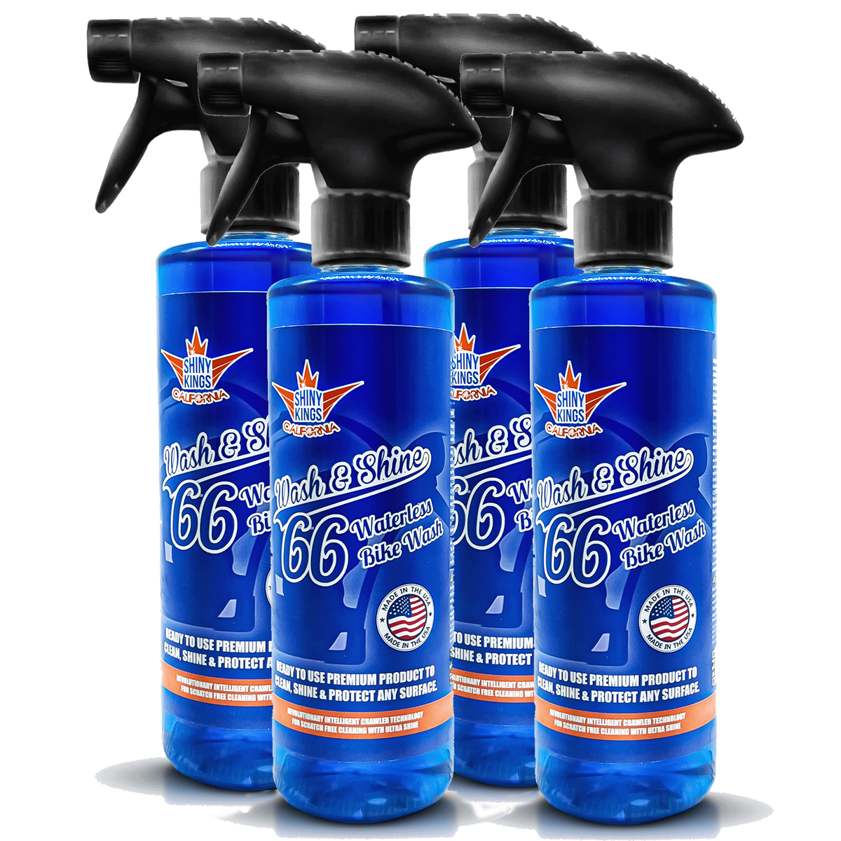 Motorcycle Cleaner waterless bike wash Cleaning Kit Wash&Shine66 Made in USA | Motorcycle Wash with Ultra Shine Effect | Powerful Scratch Free Detailing Spray for All Surfaces | 4 x 16 fl.oz WS66BW_4B_0T