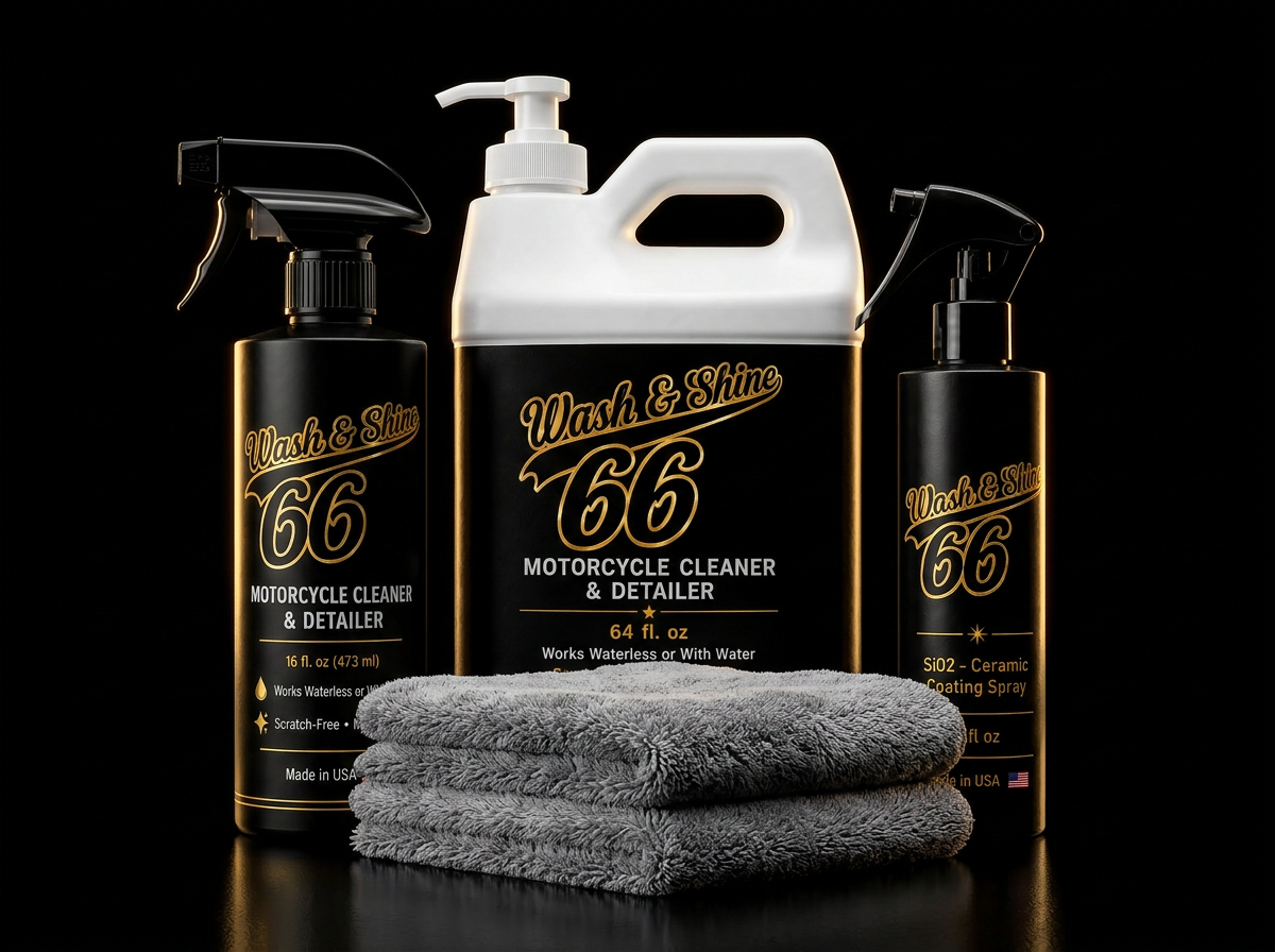 Wash&Shine 66 Waterless Motorcycle Cleaner Kit — 16oz Spray Bottle, 64oz Refill, 4oz Ceramic Shield & 2 Microfiber Towels